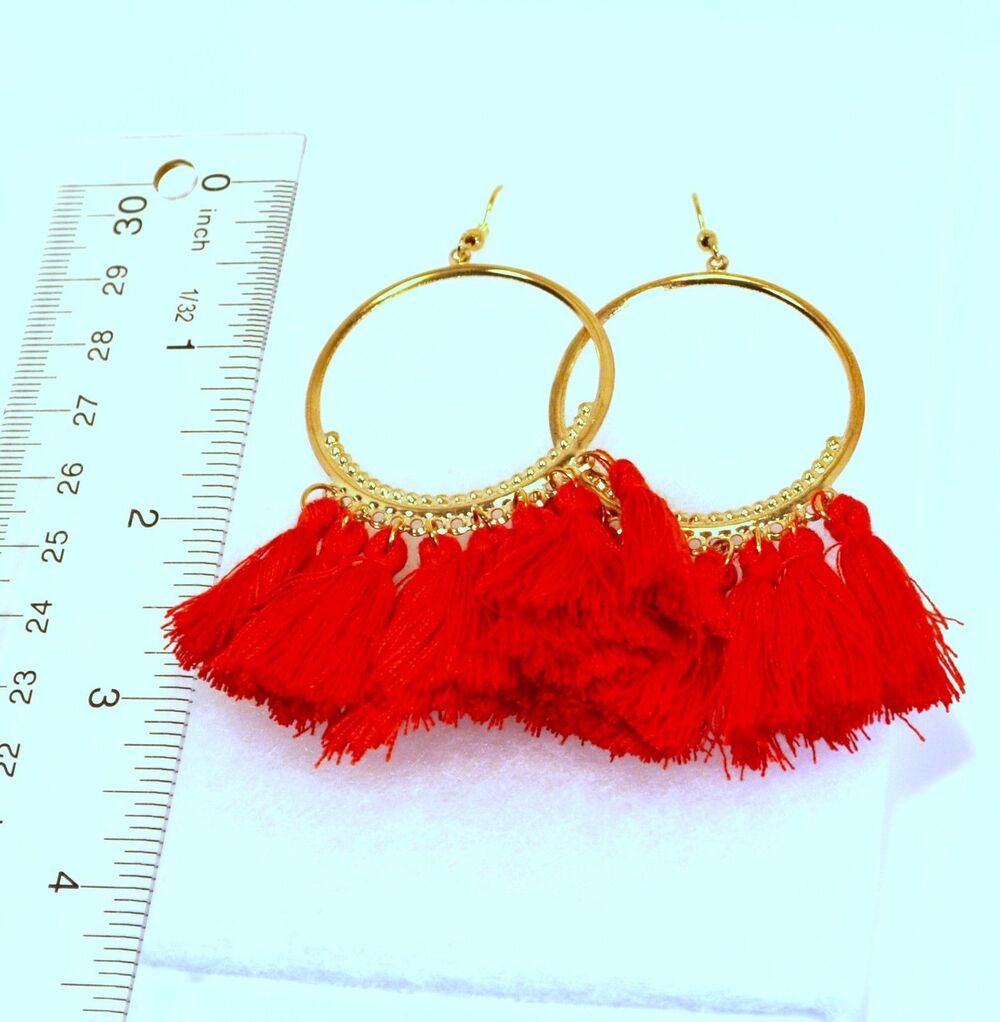Round Gold-tone Hoop Boho Gypsy earrings with red tassel fringe - Picture 3 of 5